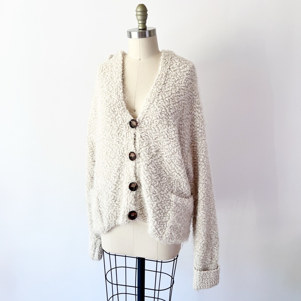 POL Textured Cream Button‎ Up Eyelash Cardigan, Cozy Hooded Snuggle Hoodie